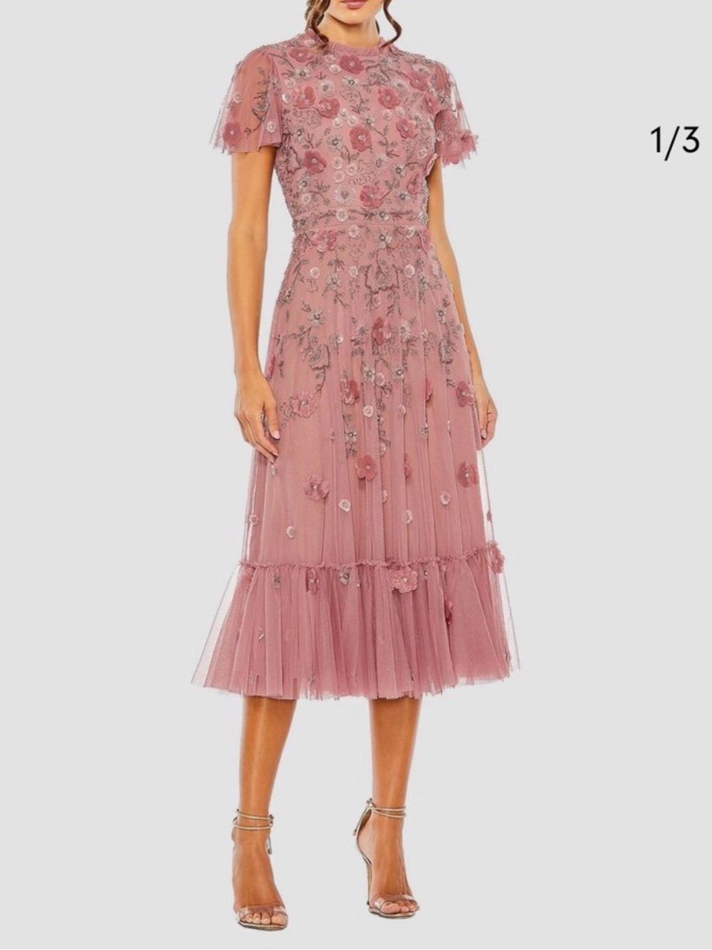 Mac Duggal Rose Pink Floral Embroidered Tulle Midi Dress